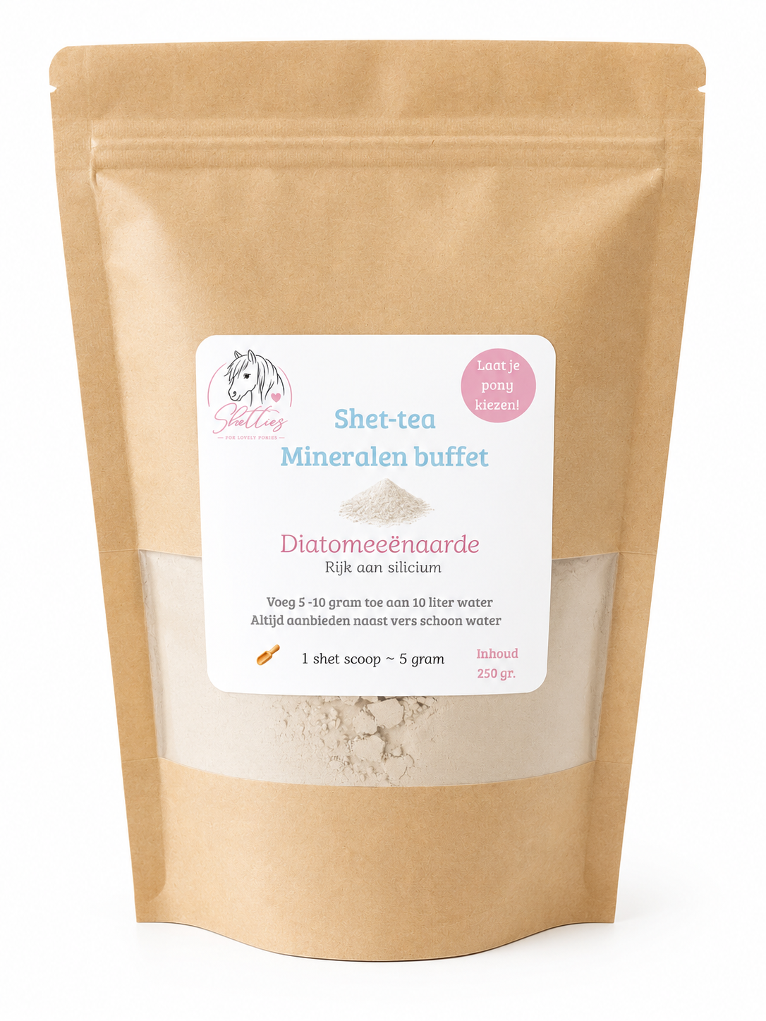 Kraftzak met diatomeeenaarde voor toevoeging aan een mineralen waterbuffet voor paarden en pony’s 