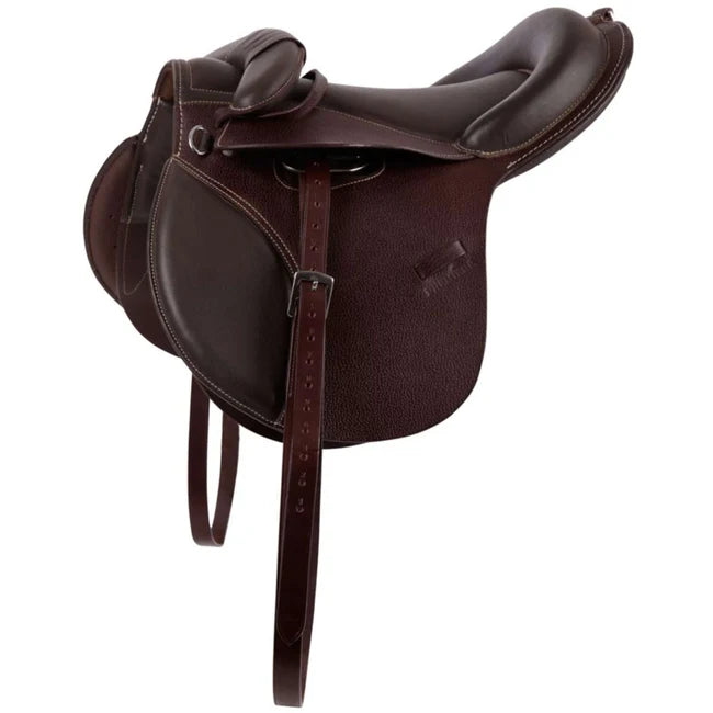 Ponyzadel/Shetlanderzadel voor jonge ruiters met extra steunen voor stabiele zit. Bruin leder. 12 inch